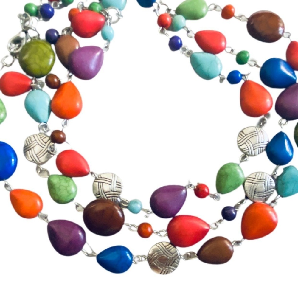 Multi colored bright‎ blue green red dyed stone silver necklace